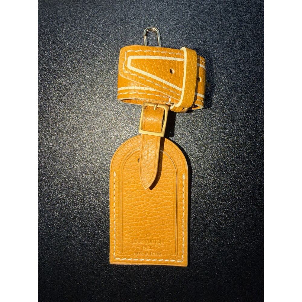 Rare Louis Vuitton Gold Orange Name Tag w/ Poignet Strap Grained Leather
